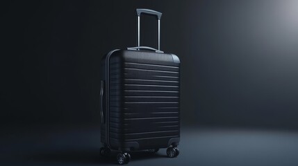 Premium black travel suitcase with wheels top side. Trolley bag handle detail.