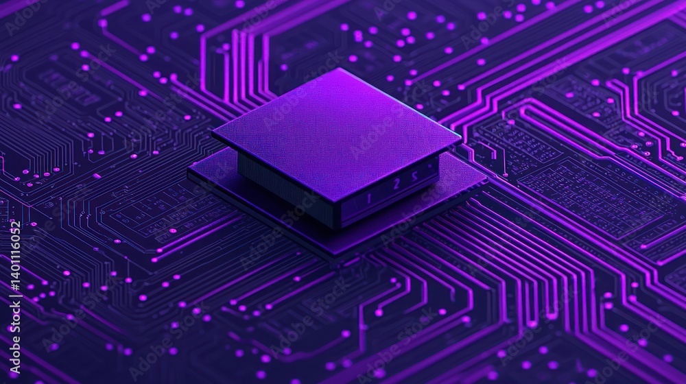 Poster purple circuit board with integrated microchip: a close-up view of technological advancement
