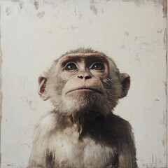 A detailed artistic painting depicting a curious monkey gazing upwards