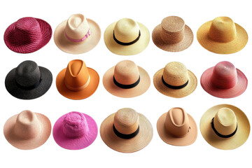 A vibrant collection of stylish summer hats showcasing various colors and on transparent background