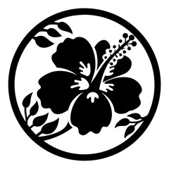 Stunning Black and White Hibiscus Flower in a Circular Frame Graphic Design