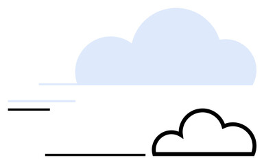 Oversized blue silhouette cloud and small outlined black cloud with horizontal lines evoke air and movement. Ideal for weather, networks, innovation, serenity, data, nature, transition, flat simple