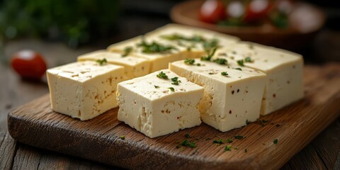 Freshly cut blocks of cheese displayed on a wooden board in a rustic kitchen setting during daylight hours