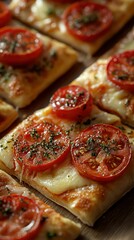 Freshly baked flatbread topped with melted cheese and ripe tomatoes garnished with herbs ready to serve