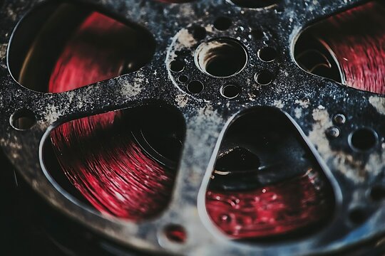 Close-up of a vintage movie film reel with reddish film.