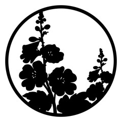 Floral silhouette emblem with blossoms in circle- Elegant black floral silhouette design featuring blooming flowers inside a round frame, ideal for traditional patterns, emblems, and ornamental art