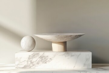 Minimalist Still Life Off White Stone Bowl and Sphere on Marble Pedestal
