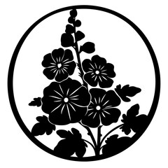 Japanese floral crest silhouette in circle- Traditional Japanese floral crest silhouette featuring blooming flowers inside a circular frame, symbolizing nature, beauty, and cultural heritage design