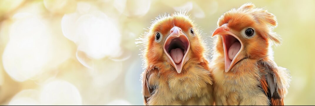 A vibrant display of two baby birds singing joyfully in nature.