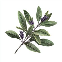 Fototapeta premium Botanical illustration of aromatic bay leaves with flowers on a clean white background showcasing natural beauty and detail