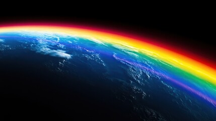 A colorful earth with a vibrant rainbow encircling the atmosphere