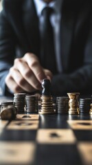 A person playing chess with financial coins and pieces