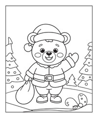Fototapeta premium Cute bear wearing christmas hat coloring page for kids, black line art vector illustration on white background 