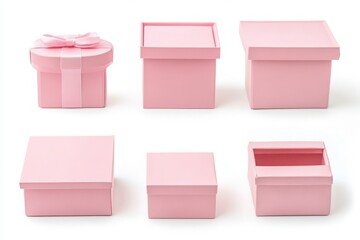 Set of pink gift boxes isolated on white background in elegant pastel wrapping with ribbons