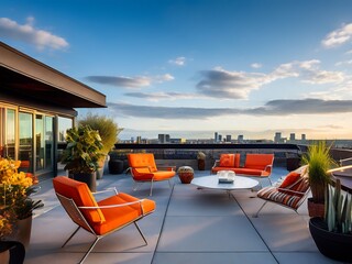 Fototapeta premium Modern Rooftop Terrace with City Skyline