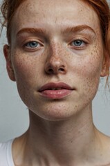 Obraz premium Natural Close-Up Portrait of a Freckled Non-Binary Person with Red Hair, Blue Eyes, and Unretouched Pale Skin in Soft Lighting, Expressing Calm Confidence and Authentic Beauty