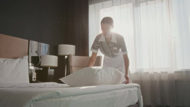 Female hotel housekeeper in uniform fluffing pillow on bed in guest room with bright sunlight streaming through window