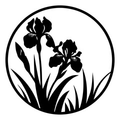 Orchid flower silhouette inside circular frame- Black and white floral silhouette of blooming orchid flowers with leaves and buds enclosed in a round frame, perfect for decorative design