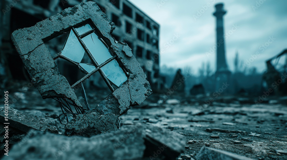 Poster fragment of broken window in ruined building with tower looming in background
