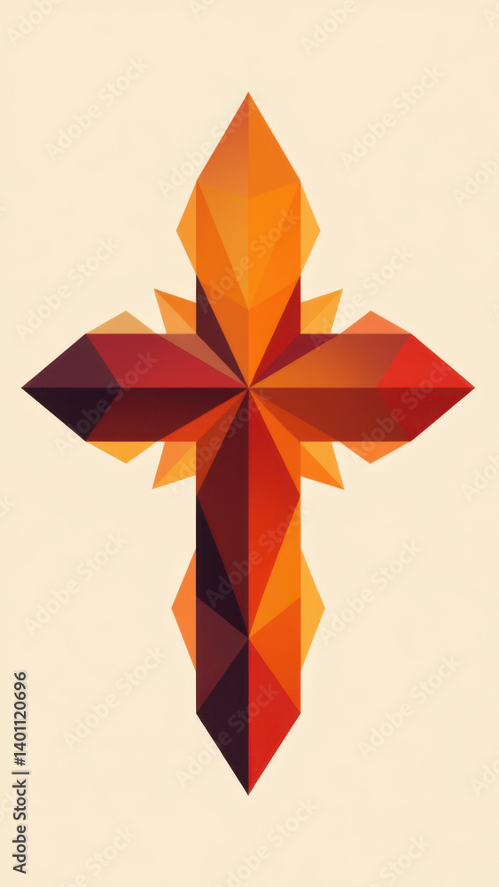 Poster a digital illustration of a christian cross with intricate geometric patterns in red and orange tone