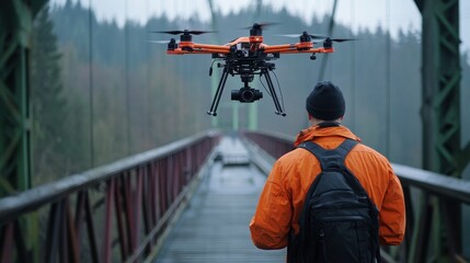 Operating Drone on Bridge with Man Observing and Misty Background