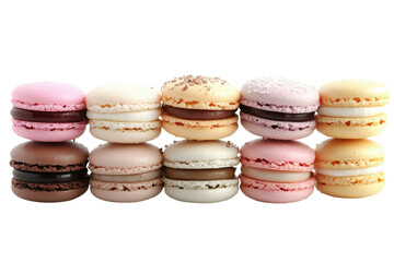 Fototapeta premium Delightful pastel macarons arranged in rows showcasing delicate flavors on transparent background