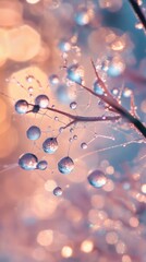 Clear water droplets clinging to delicate plant structures gracefully