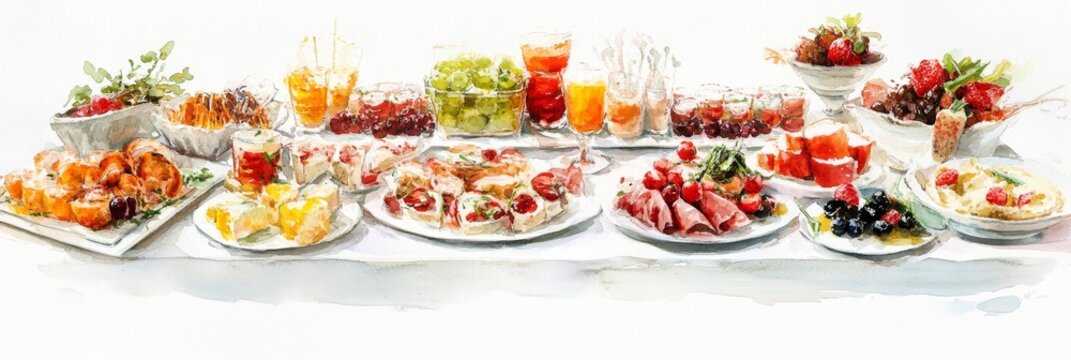 A Watercolor Culinary Delight: A Lavish Buffet - A vibrant watercolor painting of an elegant buffet table, showcasing an array of delectable appetizers, fresh fruit