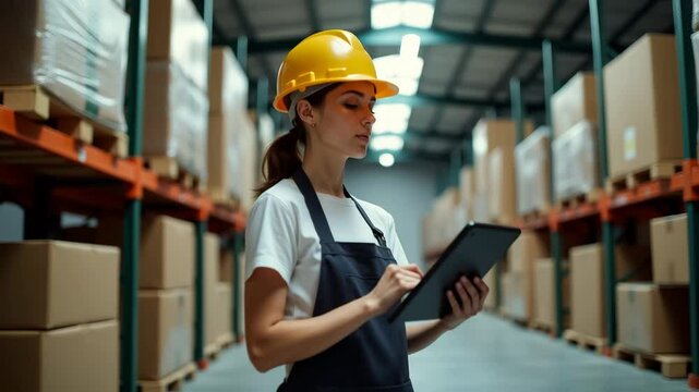 Young female storekeeper doing inventory in warehouse with tablet in hands