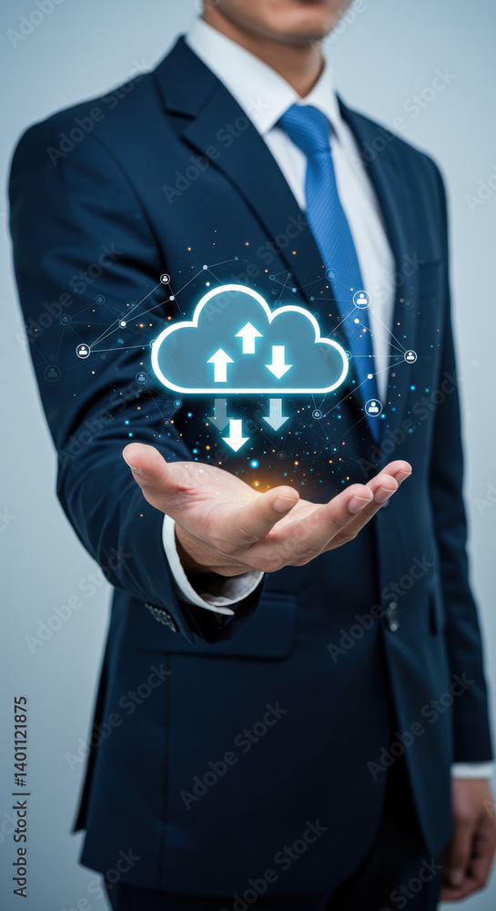 Aufkleber cloud computing power: businessman's hand holding secure data transfer & network connection technolo