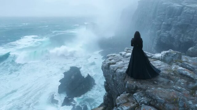 Romantic ocean vision: female presence, rolling sea waves, maritime essence, neoclassical inspiration, baroque elegance, rococo charm, medieval atmosphere, historical allure, timeless beauty.