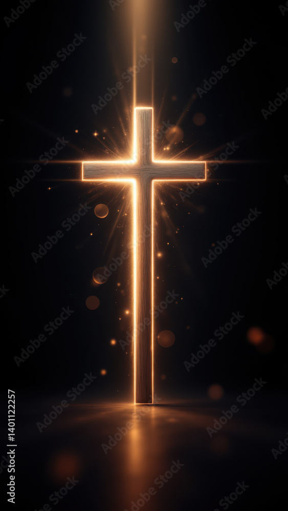 Poster illuminated christian cross with glowing light and floating particles against a dark background.
