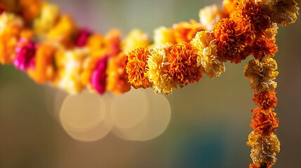 Marigold garland, decorative hanging ornament, bright colored marigold flower on background with space for text. Happy Diwali festival, Pongal or Gudi Padwa. Decoration for Indian hindu holidays