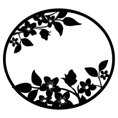 Decorative floral silhouette border in circle- Black flower and leaf silhouettes forming a circular border design, leaving open space in the center for decorative or artistic use