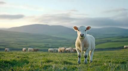 Obraz premium White Calf In Green Meadow At Sunrise