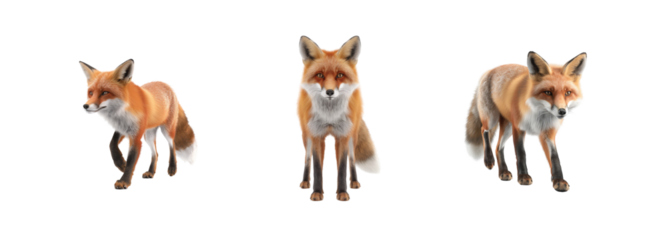 Three cute red foxes stand in various positions highlight their beautiful and fluffy tails