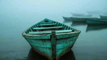 Obraz premium Tranquil Foggy Morning Scene with Abandoned Boat on Still Water in Serene Landscape