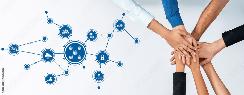 Fototapete This image captures diverse hands joining in collaboration, symbolizing teamwork and unity. It features connecting digital icons related to business and technology solutions. Amity