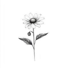 Hand-drawn illustration of a daisy flower with a budding stem on a white background for art and design purposes