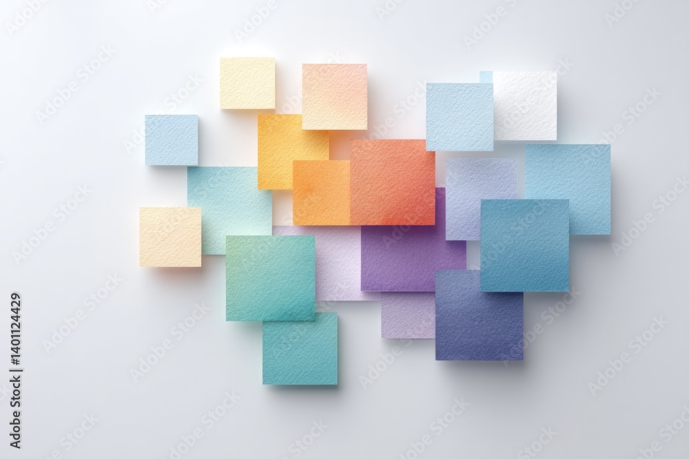 Poster dynamic arrangement of colorful abstract squares on neutral background with ample copy space