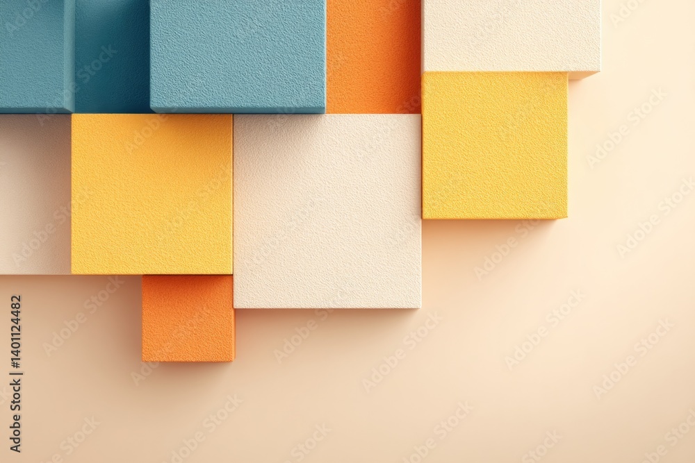 Poster dynamic arrangement of colorful abstract squares on neutral background with ample copy space