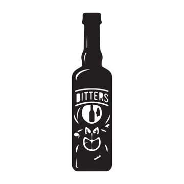 Silhouette of bitters bottle with botanical illustration and label design isolated on white background