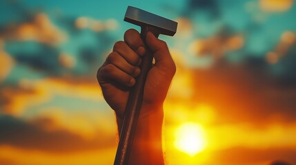 Hand holding metal tool raised in air against dramatic sunset sky