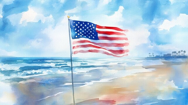 American Flag on Beach Watercolor - Watercolor painting of an American flag waving gently on a beach with ocean waves and a blue sky.Patriotic summer scene