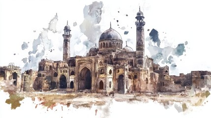 Obraz premium Ancient Mosque Watercolor Painting - A serene watercolor painting depicting an ancient mosque, showcasing intricate architectural details and a sense of history