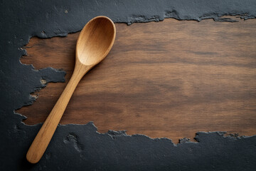 Wooden spoon flatlay on rustic slate and wood background featuring natural texture contrast and minimal kitchen design in earthy brown and dark tones