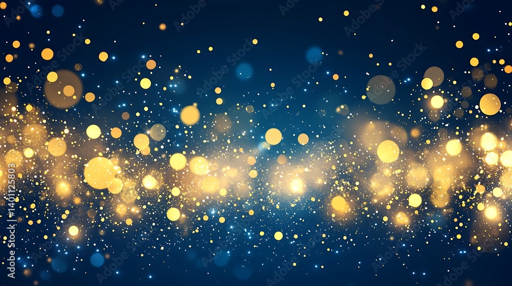 Poster abstract dark blue background with golden light bokeh and sparkles festive design