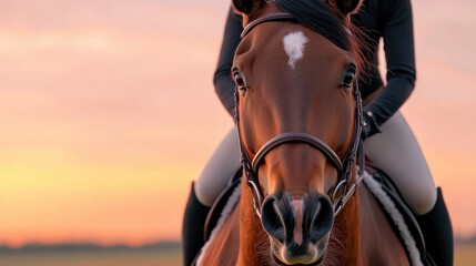 Obraz premium Equestrian at sunrise. Close-up of a horse and rider at dawn. Horse's face is in sharp focus, showing brown coat and a white blaze. Rider is in black riding attire, seated atop the horse.