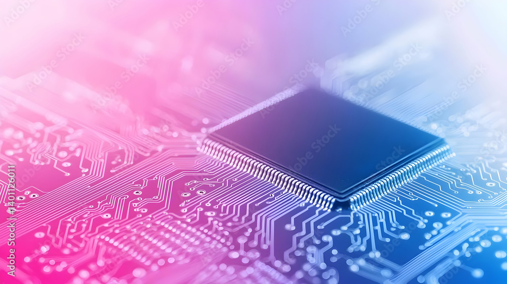 Poster close up colorful circuit board with microchip