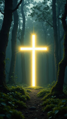 A serene forest pathway illuminated by a cross symbolizing hope and faith.